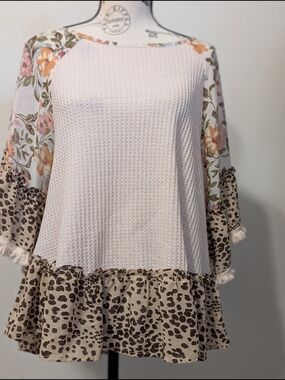 Umgee Cream Knit Top with Subtle Floral Trim